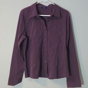 Reitmans Dark Plum Pleated Button Down Blouse Technical Stretch Office Wear Size